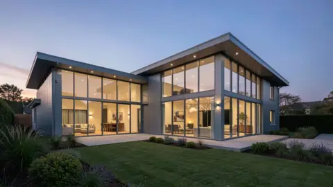 Fully glazed facade lit from inside at dusk