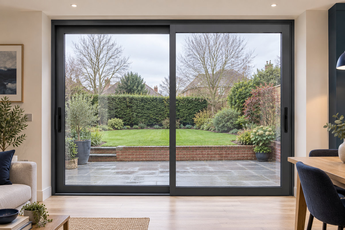 Two-panel anthracite Cortizo 4900 patio-door marketing visual in a North West brick home