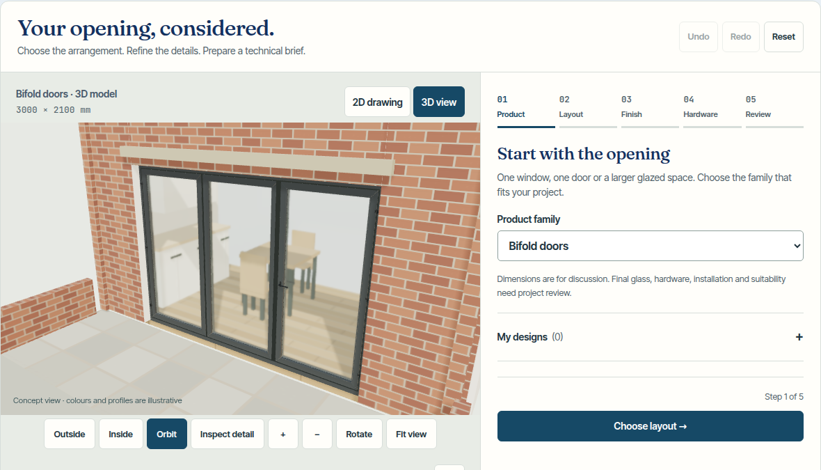 VitrineAlu online door designer showing the layout and finish controls