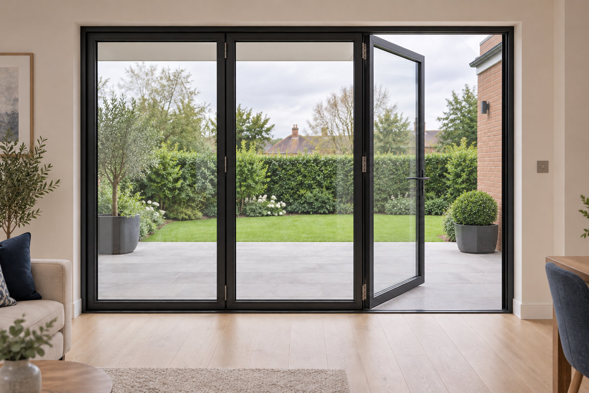 Three-pane anthracite Cortizo bifold marketing visual with its traffic leaf opening outwards